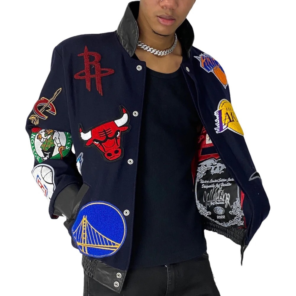 JEFF HAMILTON NBA Team Patches Logo Wool And Leather  Jacket- Blue